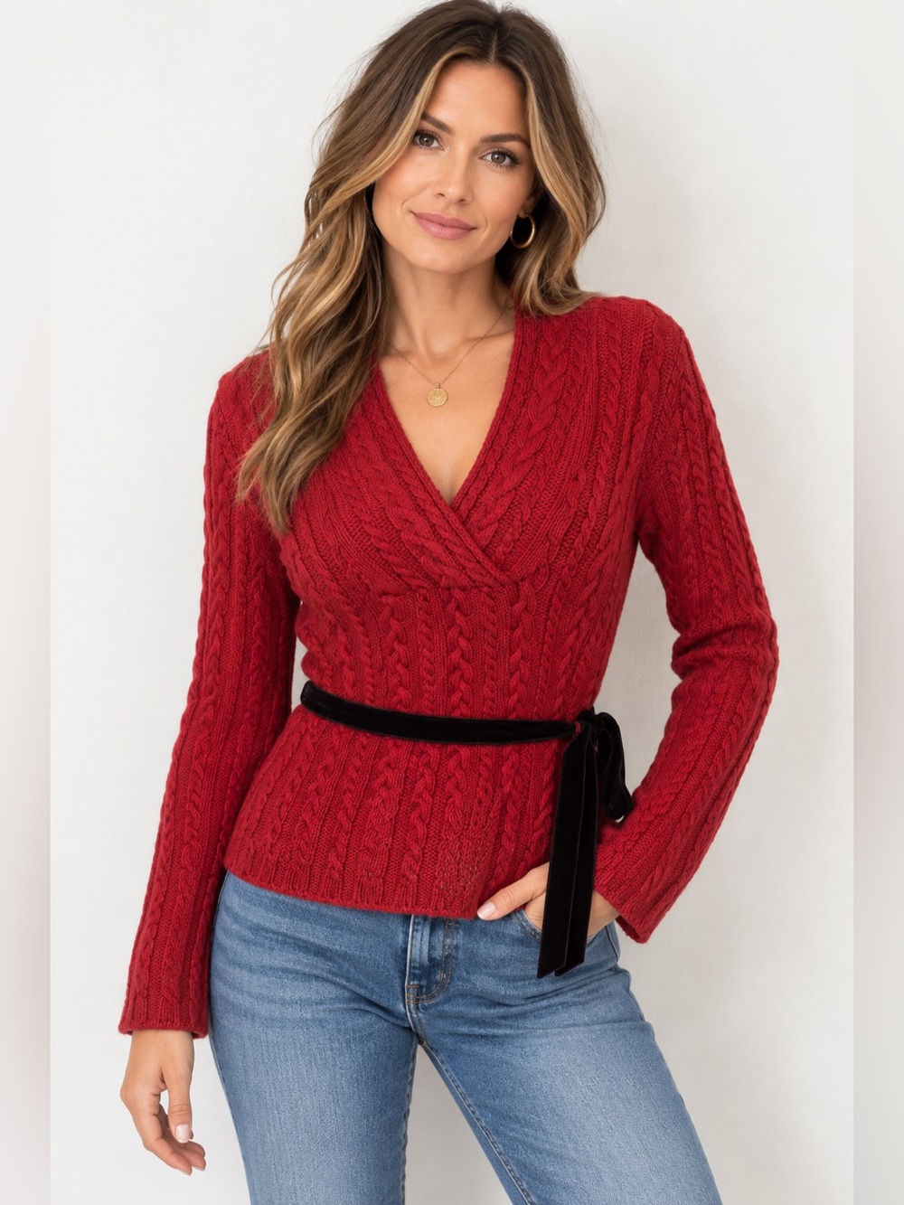 Lauren ralph lauren Petite cable knit sweater red v-neck waist tie Size PM